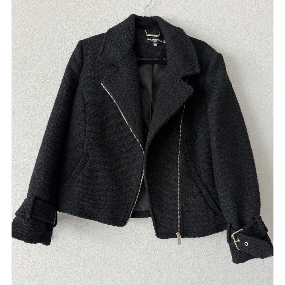 KARL LAGERFELD PARIS Women's Black Moto Biker Tweed Jacket Zip Lined Size S NWOT